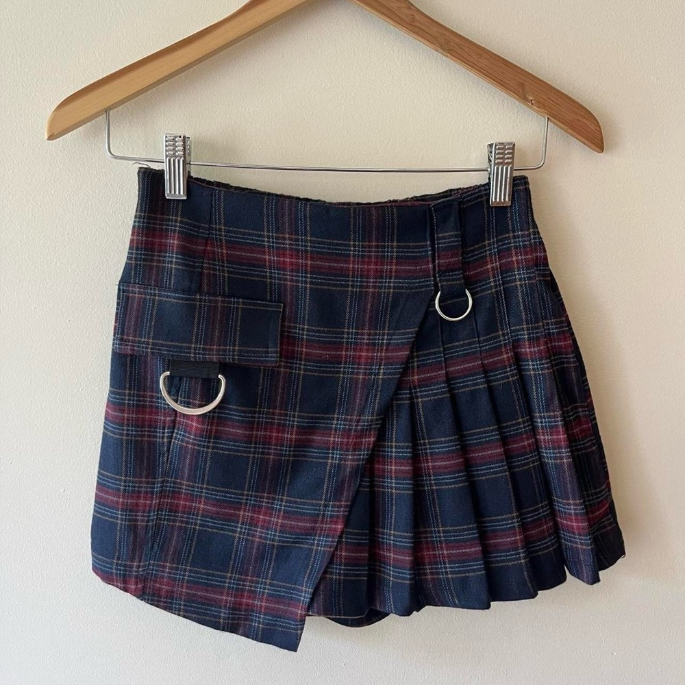 Plaid Mini Skort Alt Grunge Goth Punk Navy Blue Red O-Ring D-Ring Size XS Skirt